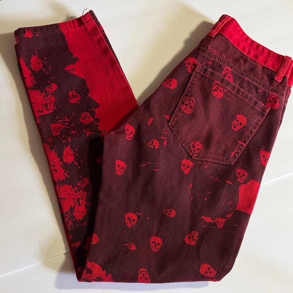 Men's Red Black Skull Skeleton Print Slim Fit Denim Pants Jeans Size 30 Goth